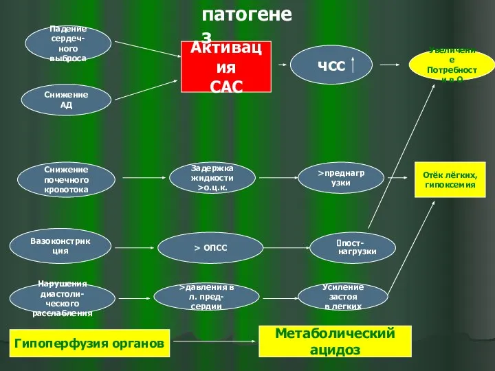 Падение сердеч- ного выброса Снижение АД чсс Увеличение Потребности в О