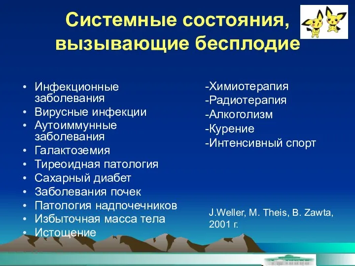 Системные состояния, вызывающие бесплодие Инфекционные заболевания Вирусные инфекции Аутоиммунные заболевания Галактоземия