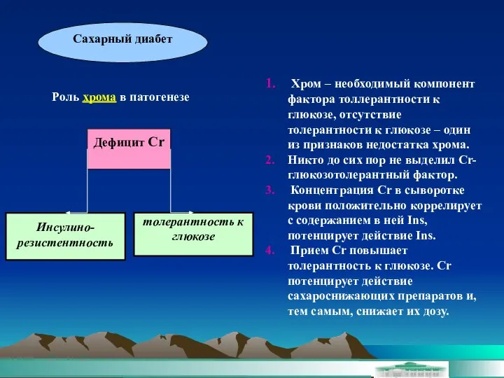 Сахарный диабет Роль хрома в патогенезе Дефицит Cr толерантность к глюкозе