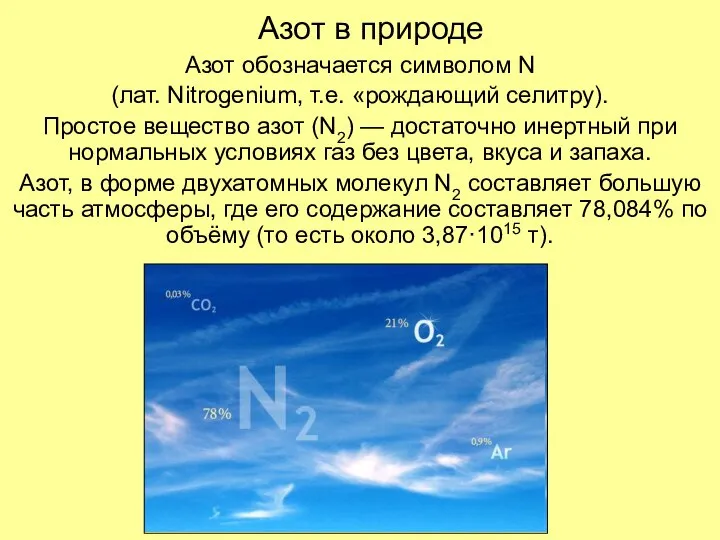 Азот в природе Азот обозначается символом N (лат. Nitrogenium, т.е. «рождающий