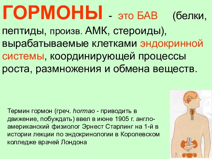 ГОРМОНЫ - это БАВ (белки, пептиды, произв. АМК, стероиды), вырабатываемые клетками