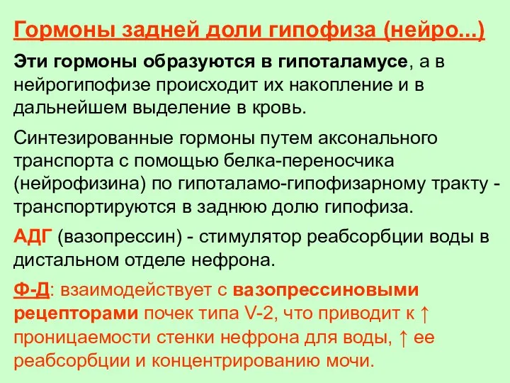 Гормоны задней доли гипофиза (нейро...) Эти гормоны образуются в гипоталамусе, а