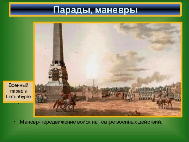 Парады, маневры Военный парад в Петербурге. Маневр-передвижение войск на театре военных действий.