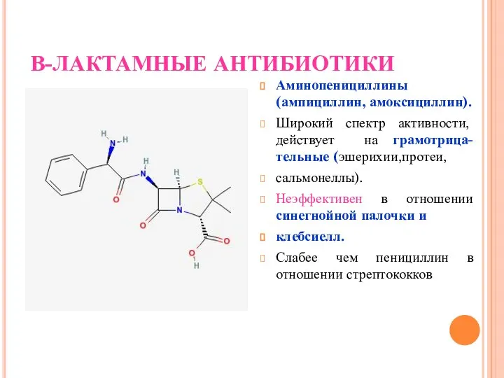 В-ЛАКТАМНЫЕ АНТИБИОТИКИ Аминопенициллины (ампициллин, амоксициллин). Широкий спектр активности, действует на грамотрица-тельные