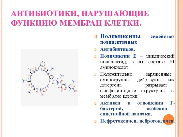 АНТИБИОТИКИ, НАРУШАЮЩИЕ ФУНКЦИЮ МЕМБРАН КЛЕТКИ. Полимиксины семейство полипептидных Антибиотиков. Полимиксин Е