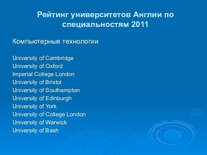 Рейтинг университетов Англии по специальностям 2011 Компьютерные технологии University of Cambridge