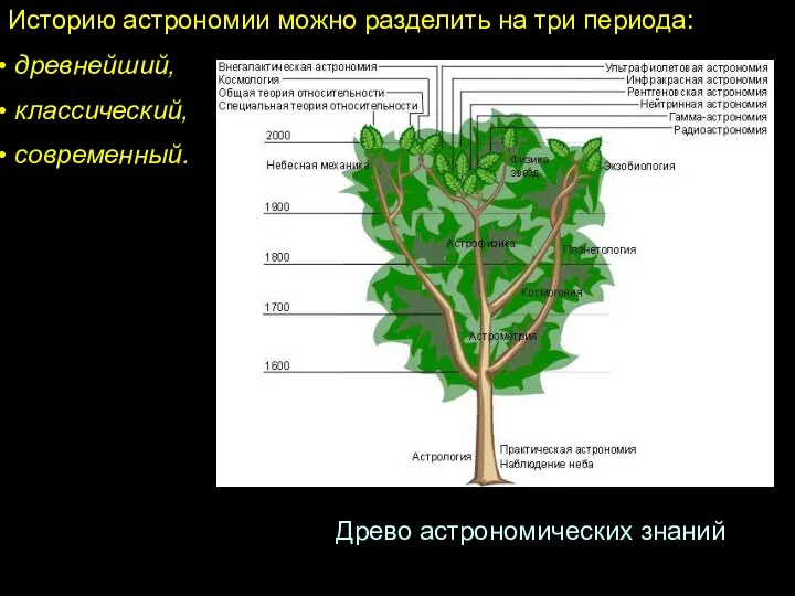 Историю астрономии можно разделить на три периода: древнейший, классический, современный. Древо астрономических знаний