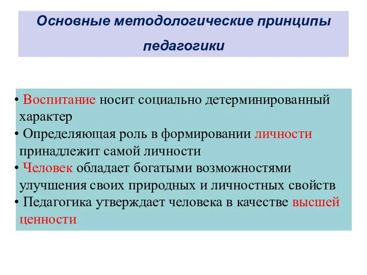 Основные методологические принципы педагогики Воспитание носит социально детерминированный характер Определяющая роль