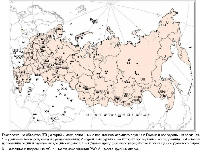Расположение объектов ЯТЦ, аварий и мест, связанных с испытанием атомного оружия