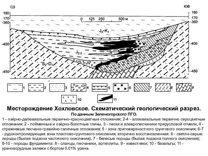 Месторождение Хохловское. Схематический геологический разрез. По данным Зеленогорского ПГО. 1 -