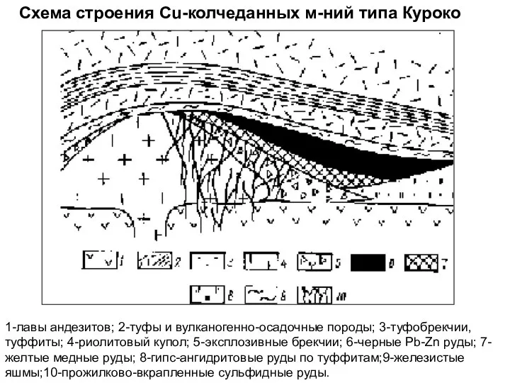 Схема строения Сu-колчеданных м-ний типа Куроко 1-лавы андезитов; 2-туфы и вулканогенно-осадочные