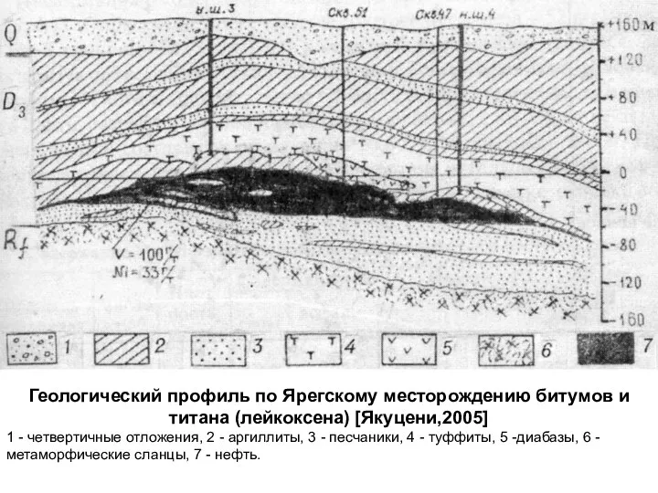 Геологический профиль по Ярегскому месторождению битумов и титана (лейкоксена) [Якуцени,2005] 1