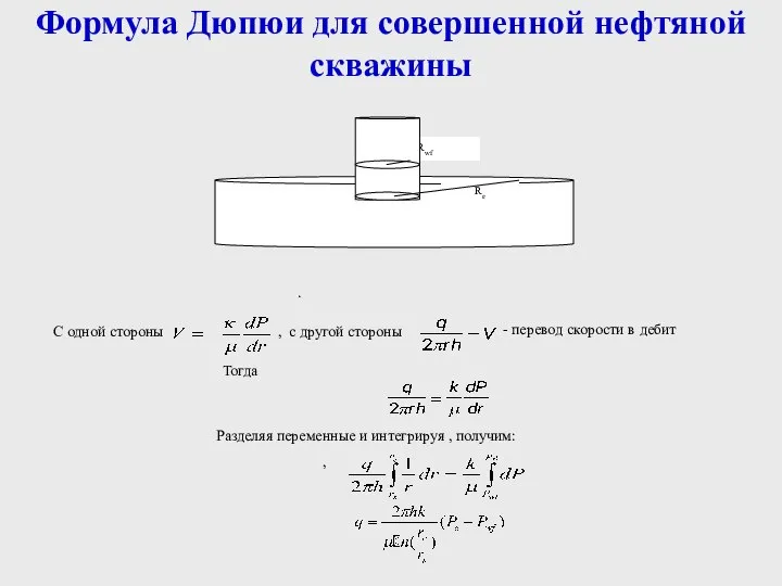 Формула Дюпюи для совершенной нефтяной скважины . Разделяя переменные и интегрируя