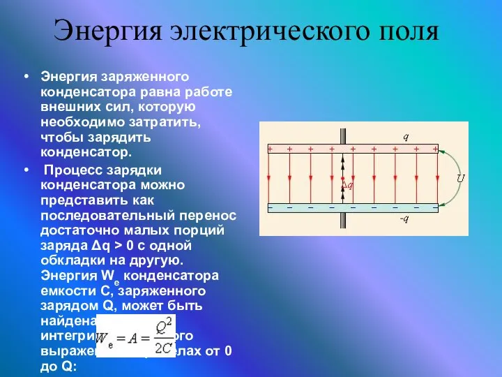 Энергия электрического поля Энергия заряженного конденсатора равна работе внешних сил, которую