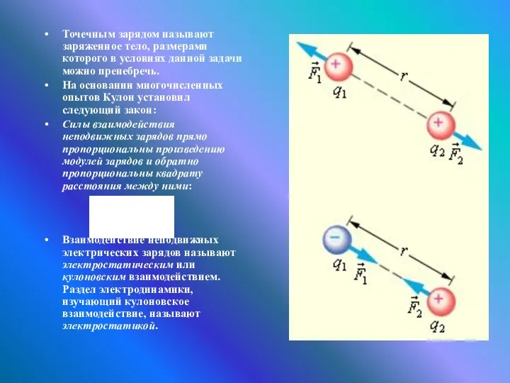 Точечным зарядом называют заряженное тело, размерами которого в условиях данной задачи