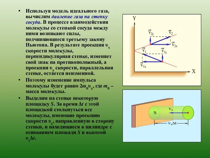 Используя модель идеального газа, вычислим давление газа на стенку сосуда. В