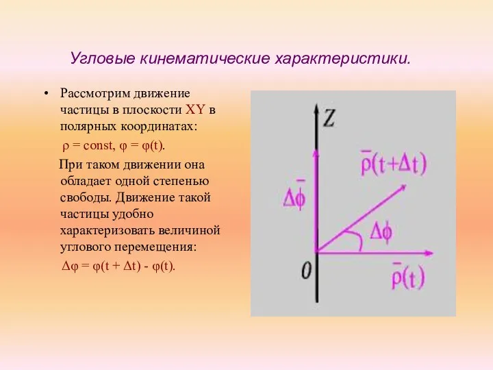 Угловые кинематические характеристики. Рассмотрим движение частицы в плоскости XY в полярных