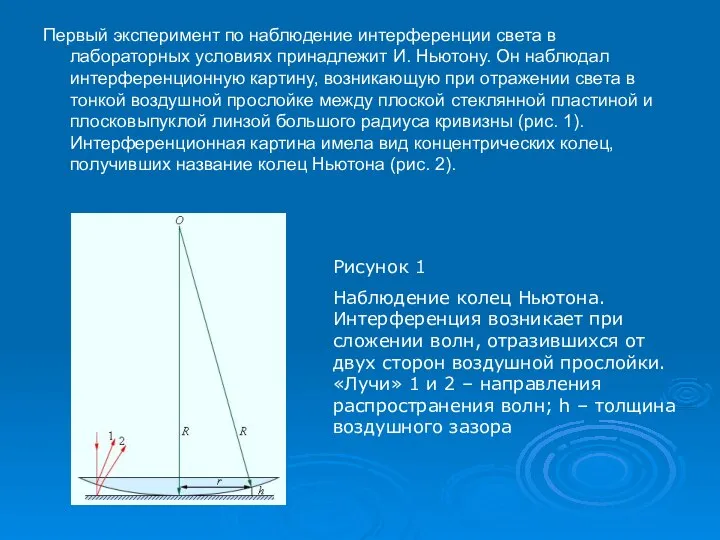 Первый эксперимент по наблюдение интерференции света в лабораторных условиях принадлежит И.