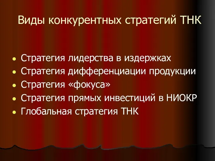 Виды конкурентных стратегий ТНК Стратегия лидерства в издержках Стратегия дифференциации продукции