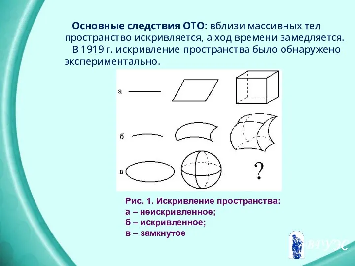 Основные следствия ОТО: вблизи массивных тел пространство искривляется, а ход времени