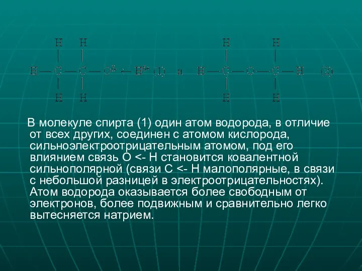 В молекуле спирта (1) один атом водорода, в отличие от всех