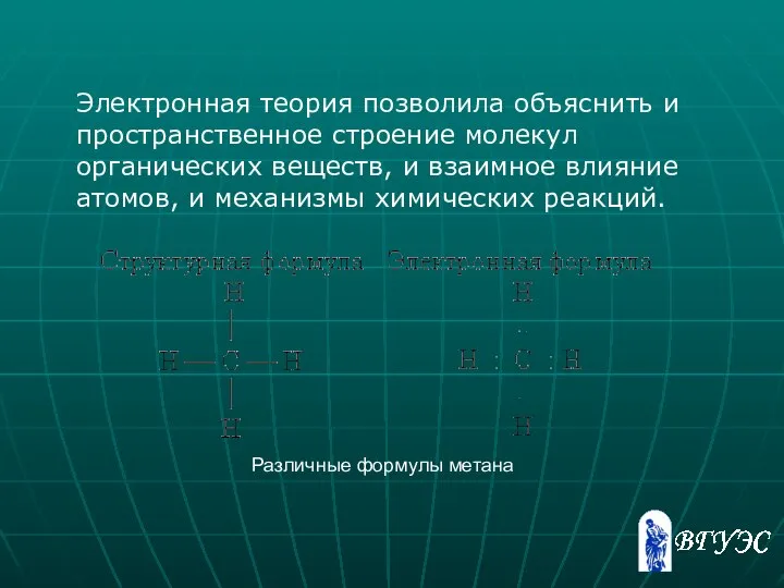 Электронная теория позволила объяснить и пространственное строение молекул органических веществ, и