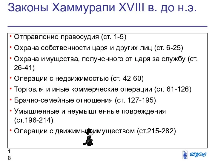 Законы Хаммурапи XVIII в. до н.э. Отправление правосудия (ст. 1-5) Охрана