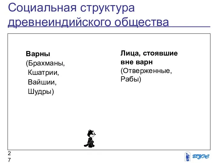 Социальная структура древнеиндийского общества Варны (Брахманы, Кшатрии, Вайшии, Шудры) Лица, стоявшие вне варн (Отверженные, Рабы)