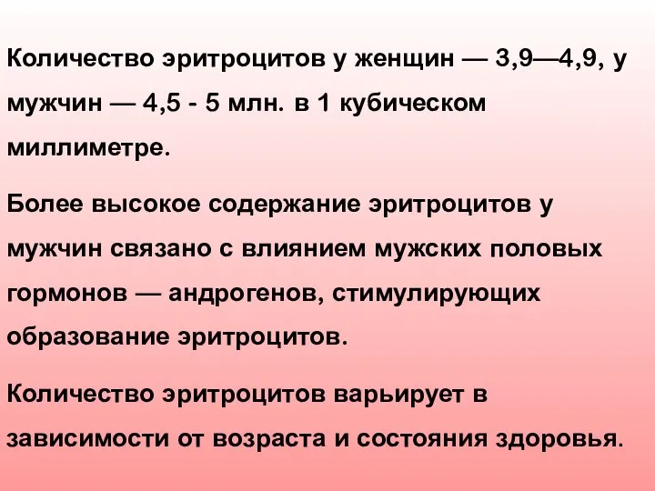 Количество эритроцитов у женщин — 3,9—4,9, у мужчин — 4,5 -