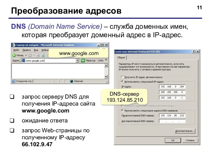 Преобразование адресов DNS (Domain Name Service) – служба доменных имен, которая