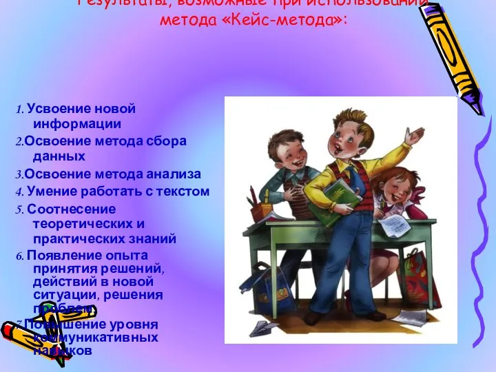 Результаты, возможные при использовании метода «Кейс-метода»: 1. Усвоение новой информации 2.Освоение