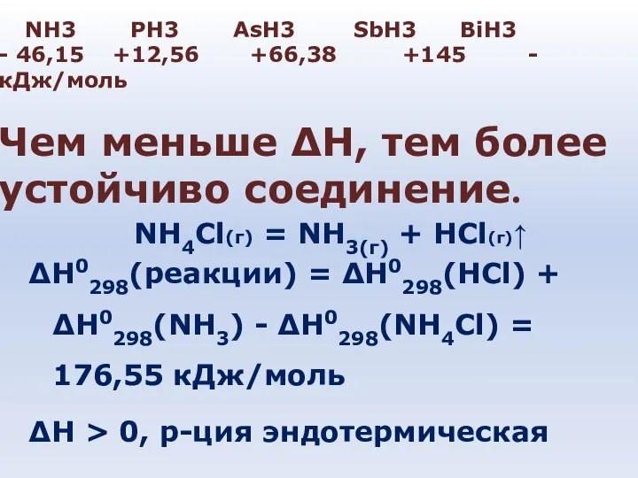 NH3 PH3 AsH3 SbH3 BiH3 - 46,15 +12,56 +66,38 +145 -
