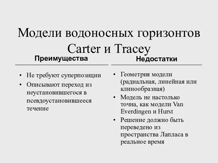 Модели водоносных горизонтов Carter и Tracey Не требуют суперпозиции Описывают переход