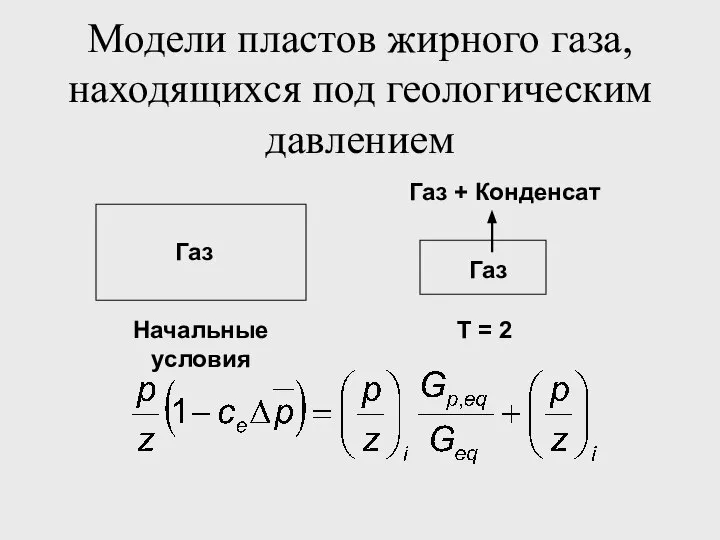 Модели пластов жирного газа, находящихся под геологическим давлением Газ Начальные условия