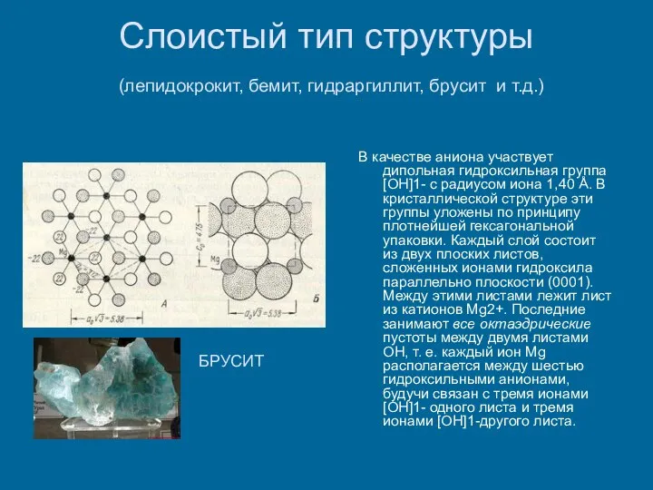 Слоистый тип структуры (лепидокрокит, бемит, гидраргиллит, брусит и т.д.) В качестве