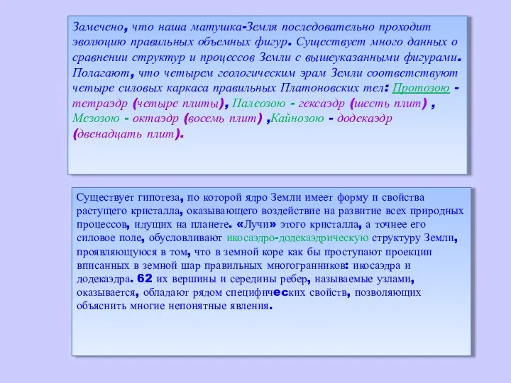 Замечено, что наша матушка-Земля последовательно проходит эволюцию правильных объемных фигур. Существует