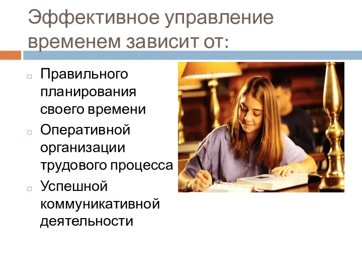 Эффективное управление временем зависит от: Правильного планирования своего времени Оперативной организации трудового процесса Успешной коммуникативной деятельности