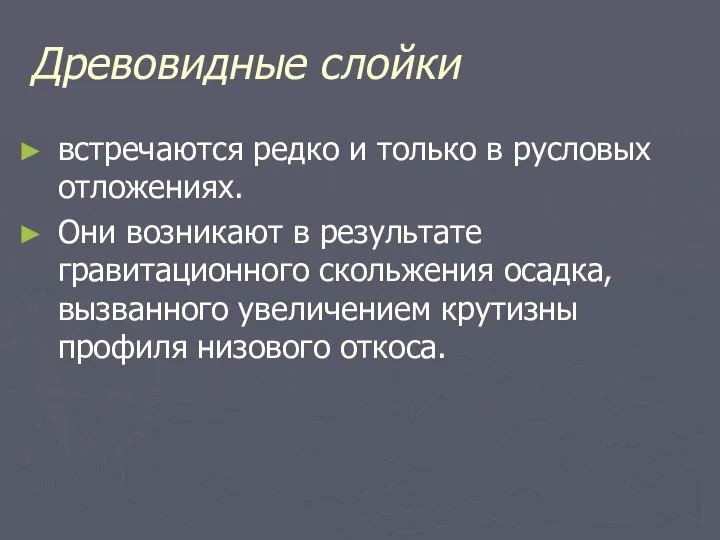 Древовидные слойки встречаются редко и только в русловых отложениях. Они возникают