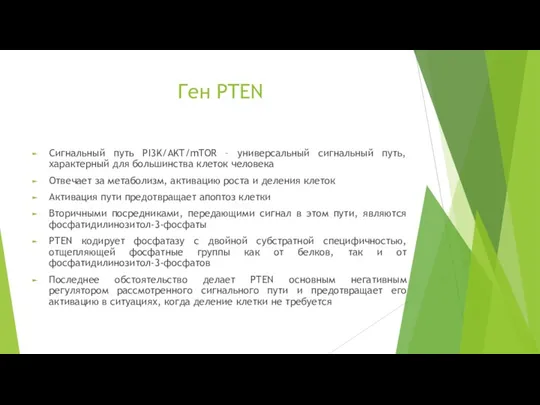 Ген PTEN Сигнальный путь PI3K/AKT/mTOR – универсальный сигнальный путь, характерный для