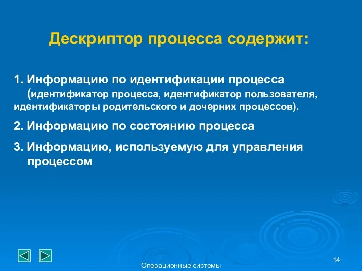 Операционные системы Дескриптор процесса содержит: 1. Информацию по идентификации процесса (идентификатор