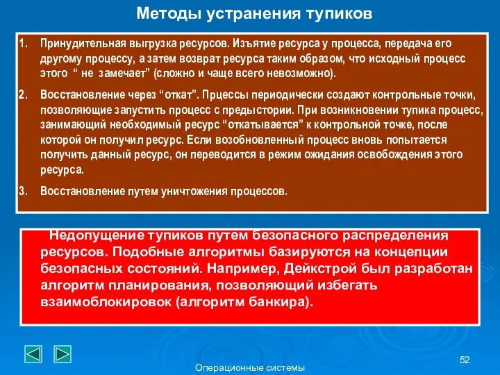 Операционные системы Методы устранения тупиков Принудительная выгрузка ресурсов. Изъятие ресурса у