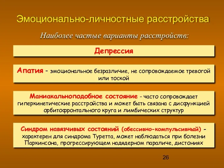 Эмоционально-личностные расстройства Наиболее частые варианты расстройств: Апатия - эмоциональное безразличие, не