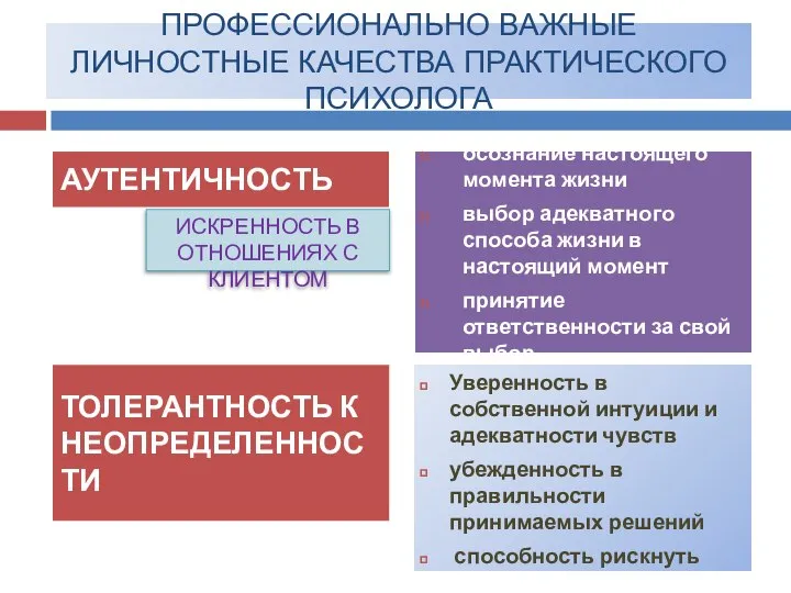 ПРОФЕССИОНАЛЬНО ВАЖНЫЕ ЛИЧНОСТНЫЕ КАЧЕСТВА ПРАКТИЧЕСКОГО ПСИХОЛОГА ТОЛЕРАНТНОСТЬ К НЕОПРЕДЕЛЕННОСТИ Уверенность в