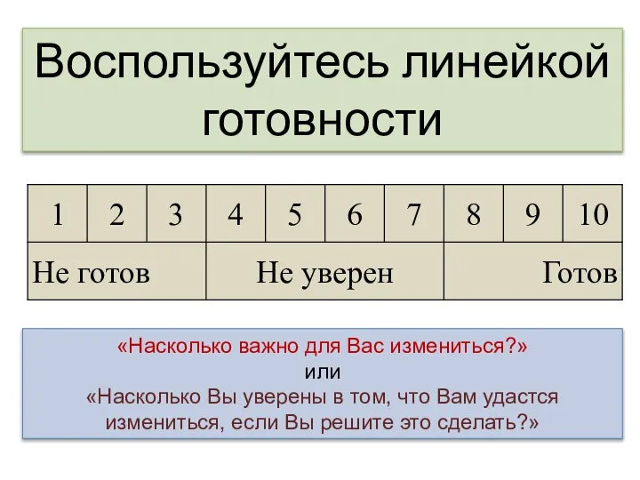 Воспользуйтесь линейкой готовности «Насколько важно для Вас измениться?» или «Насколько Вы