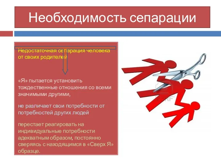 Необходимость сепарации Недостаточная сепарация человека от своих родителей «Я» пытается установить