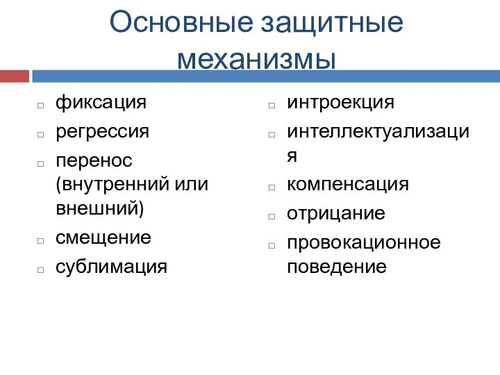 Основные защитные механизмы фиксация регрессия перенос (внутренний или внешний) смещение сублимация