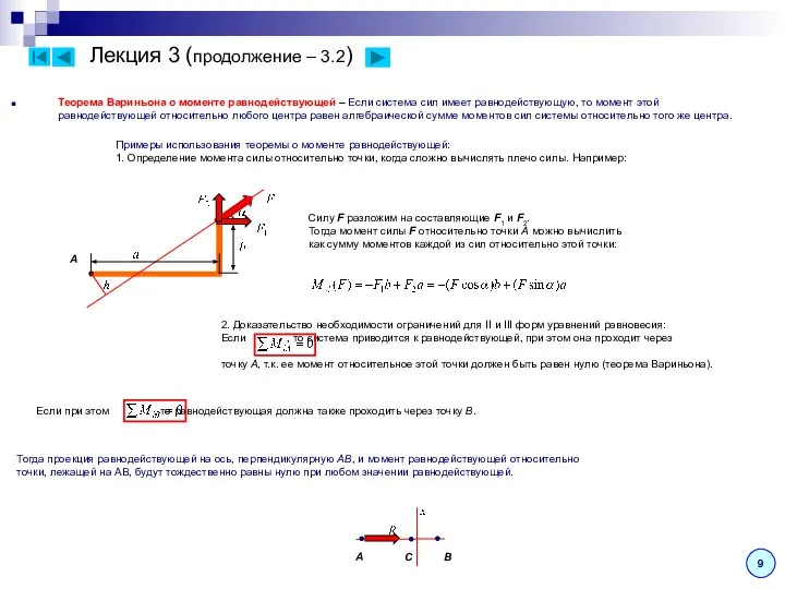 Лекция 3 (продолжение – 3.2) Теорема Вариньона о моменте равнодействующей –