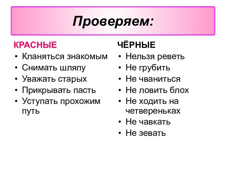 КРАСНЫЕ Кланяться знакомым Снимать шляпу Уважать старых Прикрывать пасть Уступать прохожим