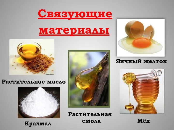 Связующие материалы Яичный желток Мёд Растительная смола Растительное масло Крахмал