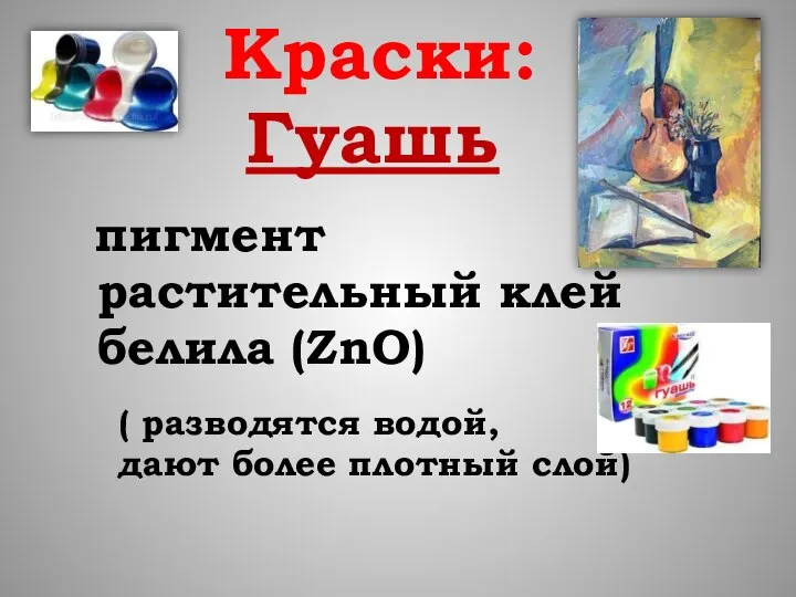 Краски: Гуашь пигмент растительный клей белила (ZnO) ( разводятся водой, дают более плотный слой)